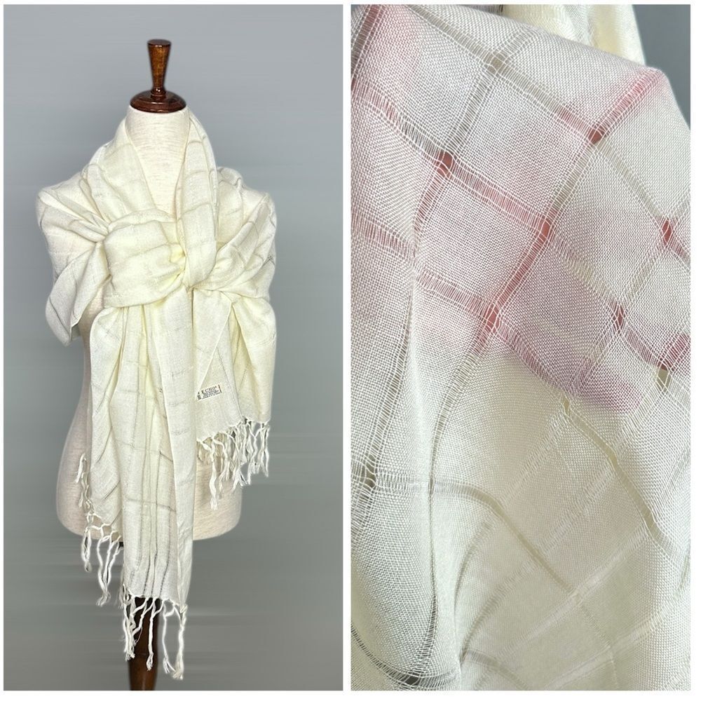 ECHO Large Oblong Scarf Shawl Cream Acrylic Japan New Vintage 30x80"